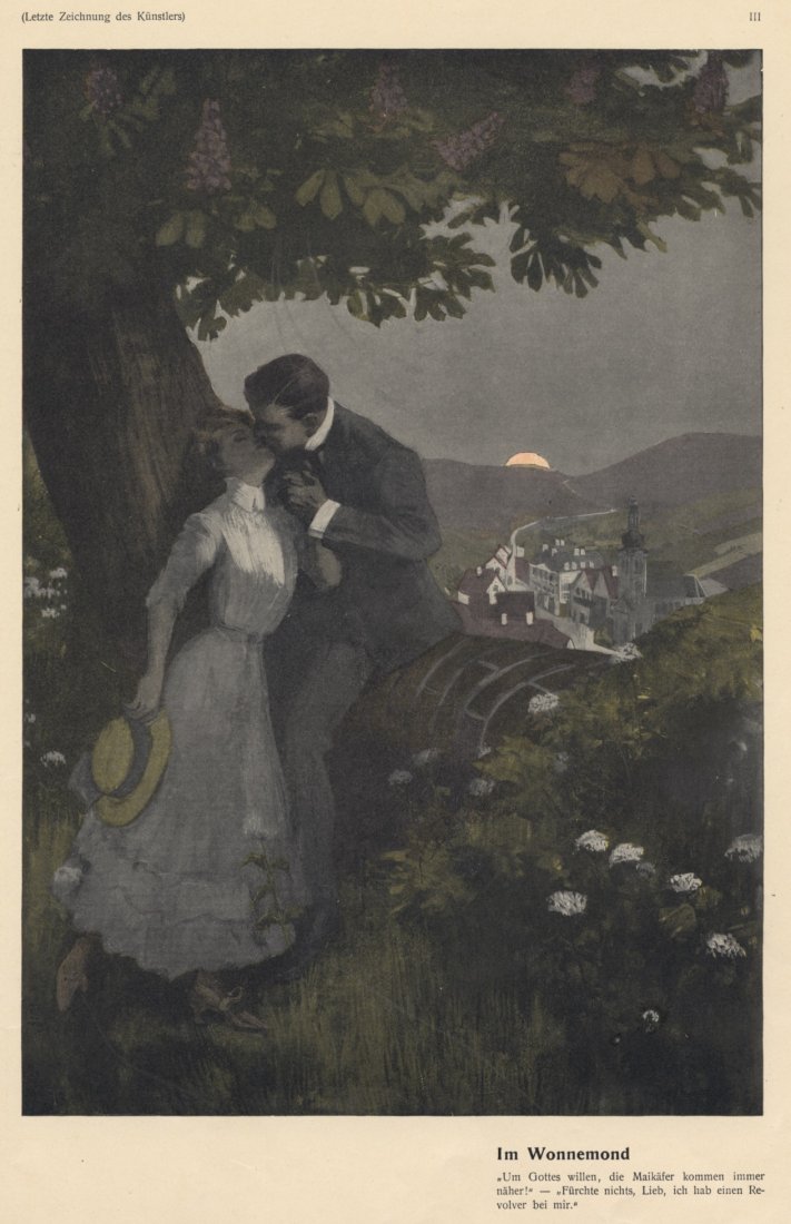 IM WONNEMOND German society ladies 1900-1910: UNDER THE MERRY MOON "For Heaven's sake, the bugs are getting closer and closer! -- Don't fret my dear, I have my revolver." Ferdinand von Reznicek. Antique lithograph, 1900. 11.25 x 15.5 inches. Artw