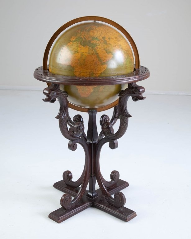 Rand McNally Terrestrial Globe: On carved wooden stand, circa 1900. 38" h x 23" diam Excellent condition.