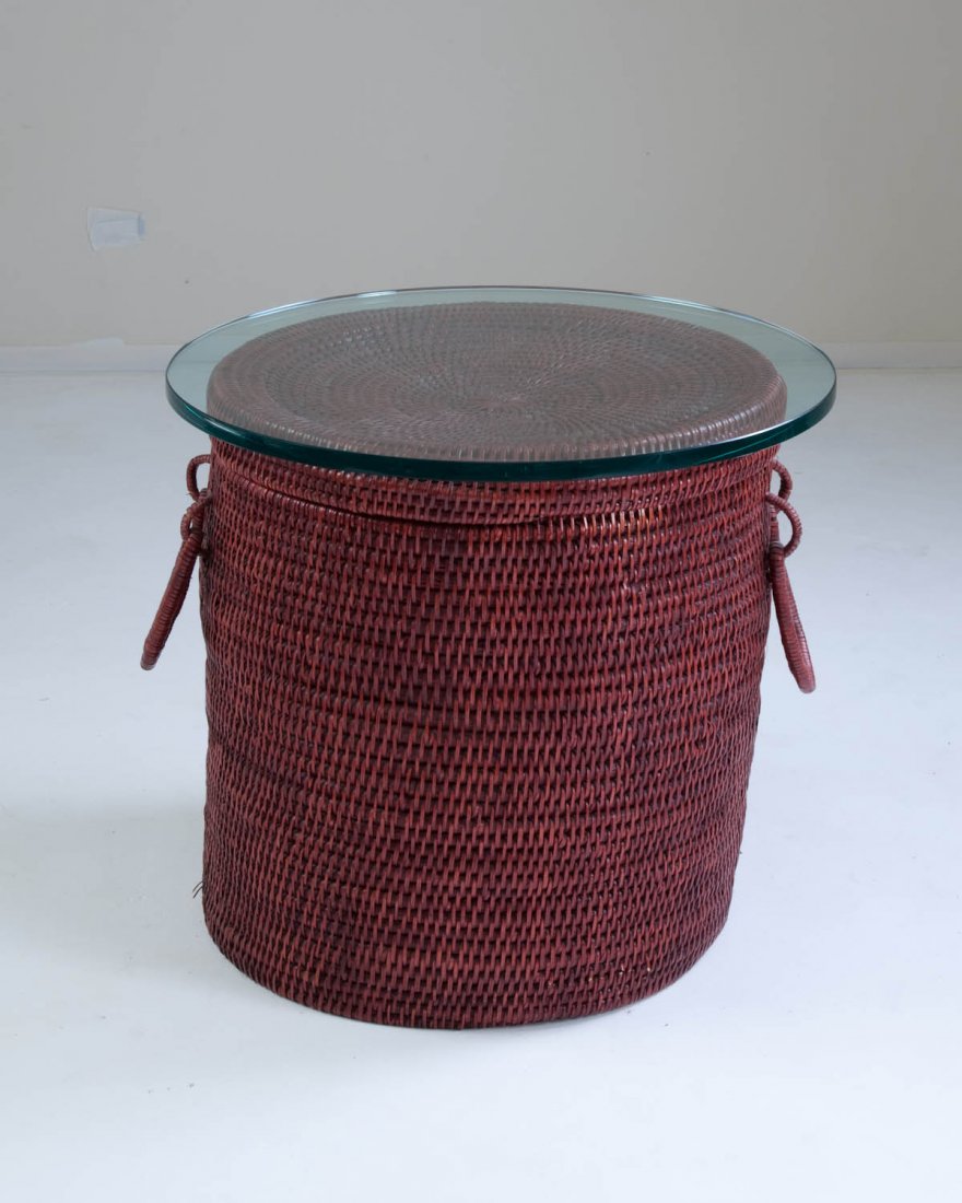 Red Basket Table with Glass Top: Glass: 26" round form Basket: 22.5" h x 22" w Very good condition.