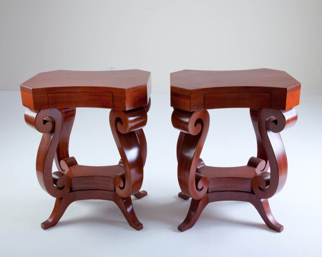 Pair of Side Tables with Single Drawer: Mahogany with scroll form sides, shaped rectangular top and single front drawer. 30" h x 17" d x 18" w Good condition.
