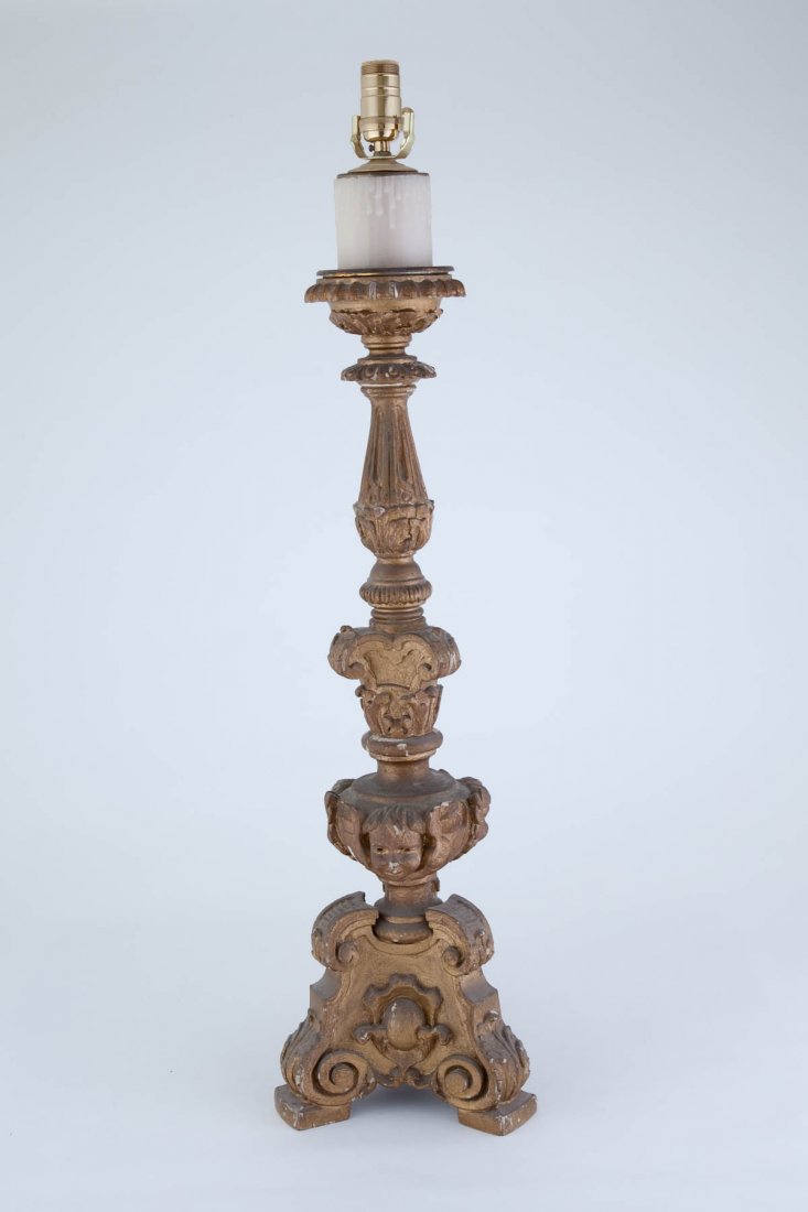 Tri Footed Giltwood Altar Stick Lamp: Pricket / Altar stick later converted to a lamp 36" h Good condition.