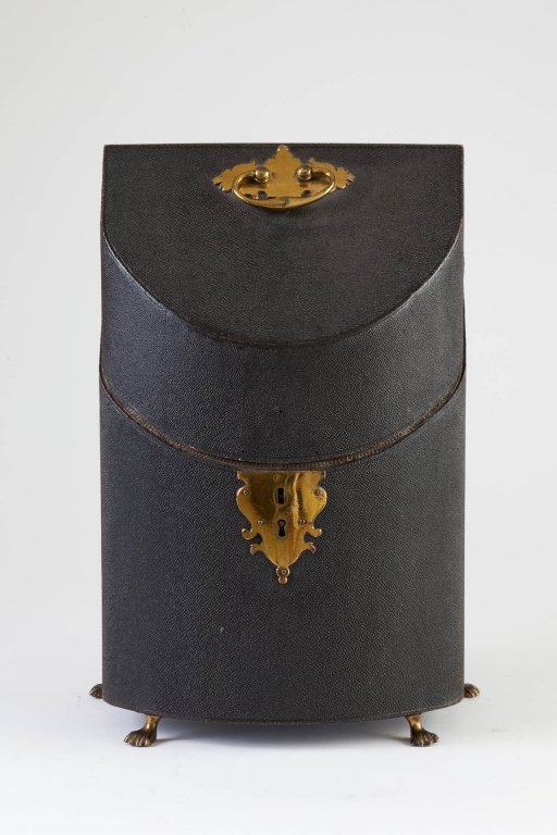 George II Shagreen Cutlery Box: circa 1750, English Tall, red velvet compartmentalized interior, with brass mounts. Very good condition. height 13 1/2in; width 8 7/8in; depth 6in
