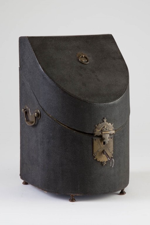 George II Shagreen Velvet Lined Cutlery Box: circa 1750, English Tall, green velvet compartmentalized interior, with original brass mounts and key. Very good condition. height 12in; width 8in; depth 6in
