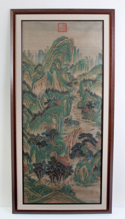 Chinese Painted Landscape: 20th century Mounted within a wooden and plexiglass frame. Signed Chin Wai Shing. Good condition, some pits to plexiglass. height 85 1/2in; width 43in