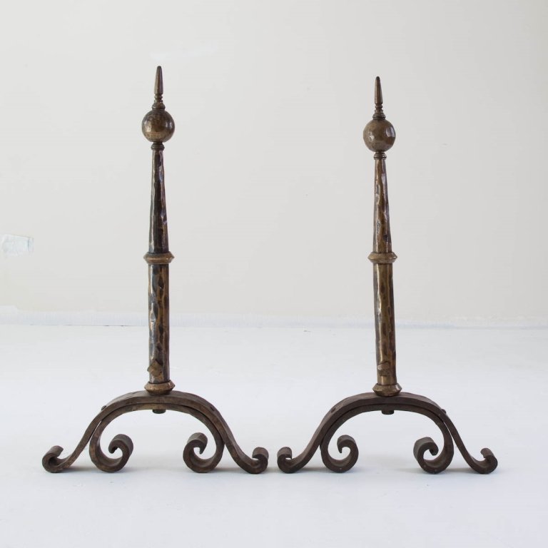 Pair Bronze Andirons: 20th century Scroll bases and spear tops Very good condition. height 30in; width 15in