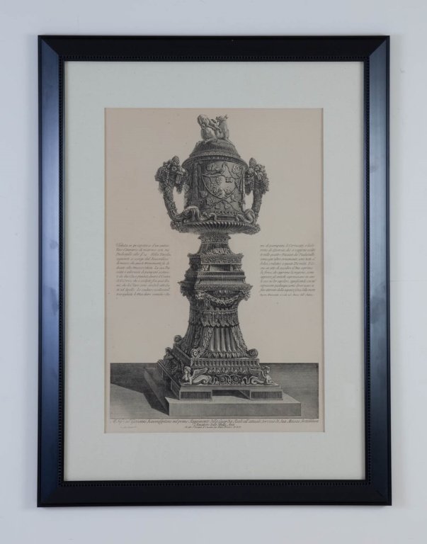 Piranesi Print of Urn on Pedestal: Fruit bouquet handles, lid with lion and cow final. Matted and framed. height 36in; width 25in