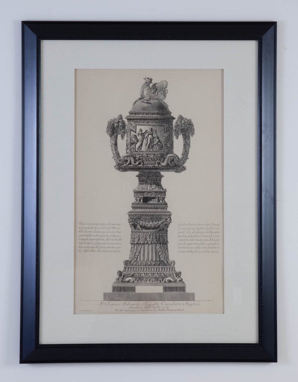 Piranesi Urn on Pedestal Print: Fruit bouquet handles, lid with lion and cow finial. Matted and framed. height 36in; width 25in