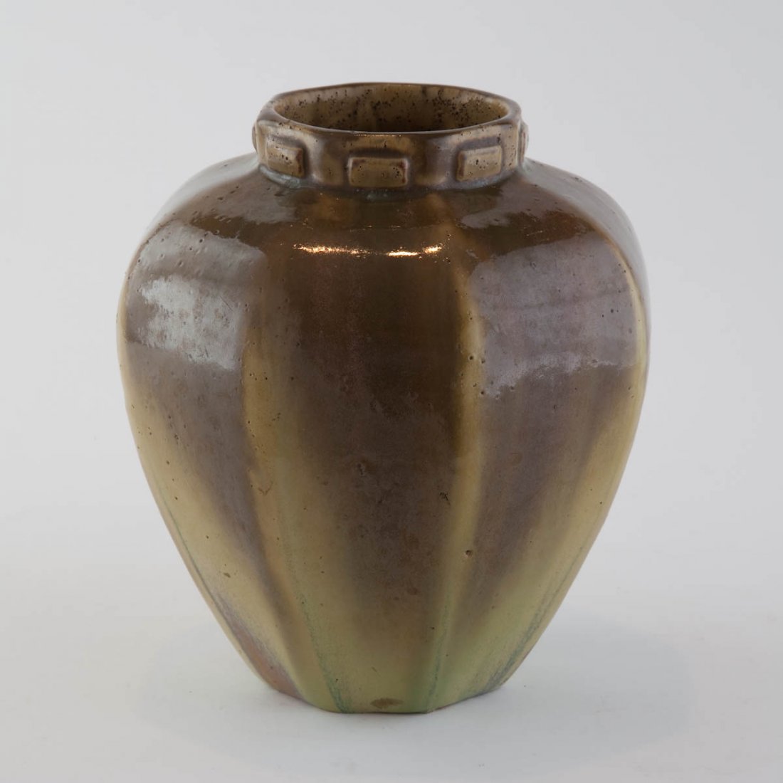 Fulper Art Pottery Green & Brown Vase: mid century Embossed mark. Hexagonal shaped. height 7.75in; width 7in