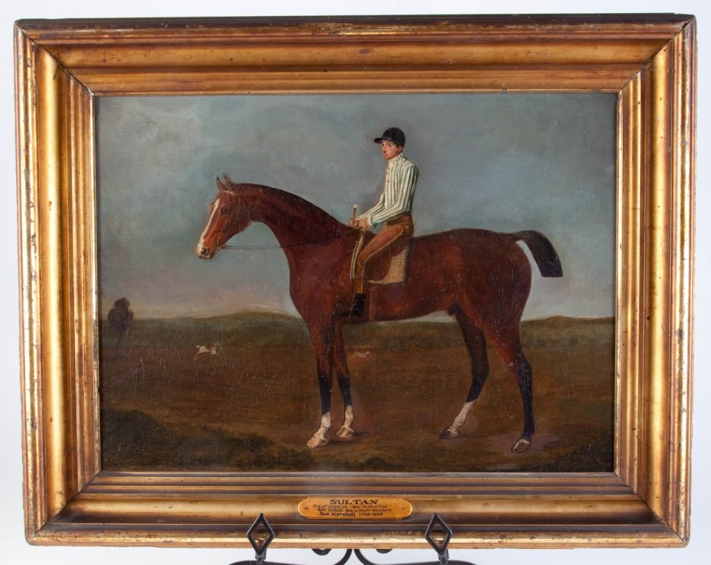 Early 19th c. English Oil on Canvas Painting: Oil on canvas of Sultan in original frame, in the manner of Ben Marshall (1768-1835) Bay Horse 1816 out of Selim-Bacchante Sire of Glencoe and Boy Middleton. Artist unknown. height 21in; width 27in