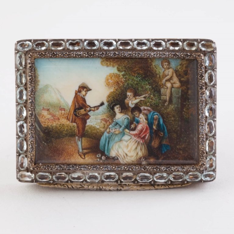 French Jeweled & Silver Vermeil Case: circa 1860-80. With hand painted Watteau scene, mounted with French paste stones. The oval faceted stones surround the painting which has a sapphire glass cover, also with gilded interior, unmarked. h