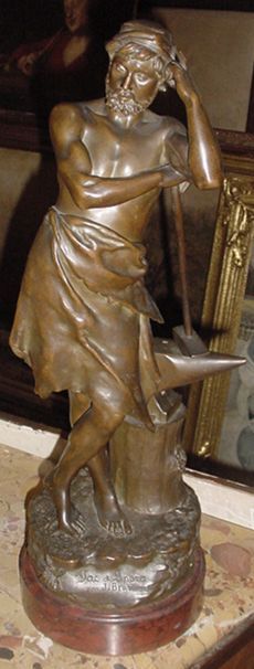 ANTIQUE FRENCH BRONZE STATUE WITH A MARBLE BASE,: ANTIQUE FRENCH BRONZE STATUE WITH A MARBLE BASE, AROUND 1885 , BY THE FRENCH LISTED ARTIST " J. BERTHOZ ". SIGNED AND MARKED, WRITTEN ON THE FRONT: " FAC ET SPERA ". THE DIMENSIONS ARE: 23 1/2'' HIGH