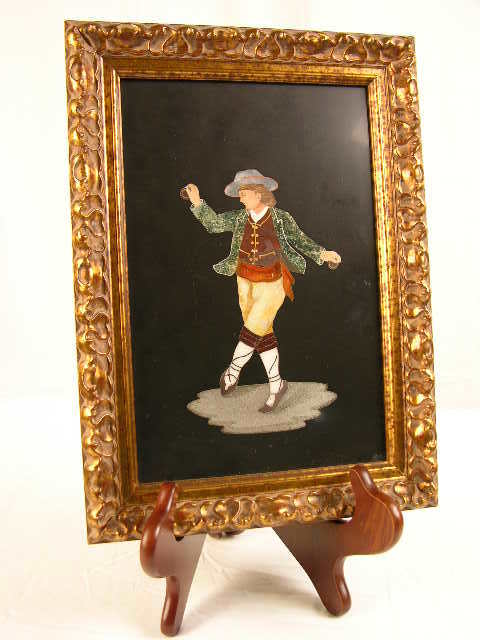 "PIETRA DURA PLAQUE OF A MAN DANCING WITH A RING: "PIETRA DURA PLAQUE OF A MAN DANCING WITH A RING IN HIS RIGHT HAND. PLAQUE MEASURES 6"" WIDE X 9"" HIGH. OVERALL WITH FRAME 8 1/4"" X 11 1/2""."