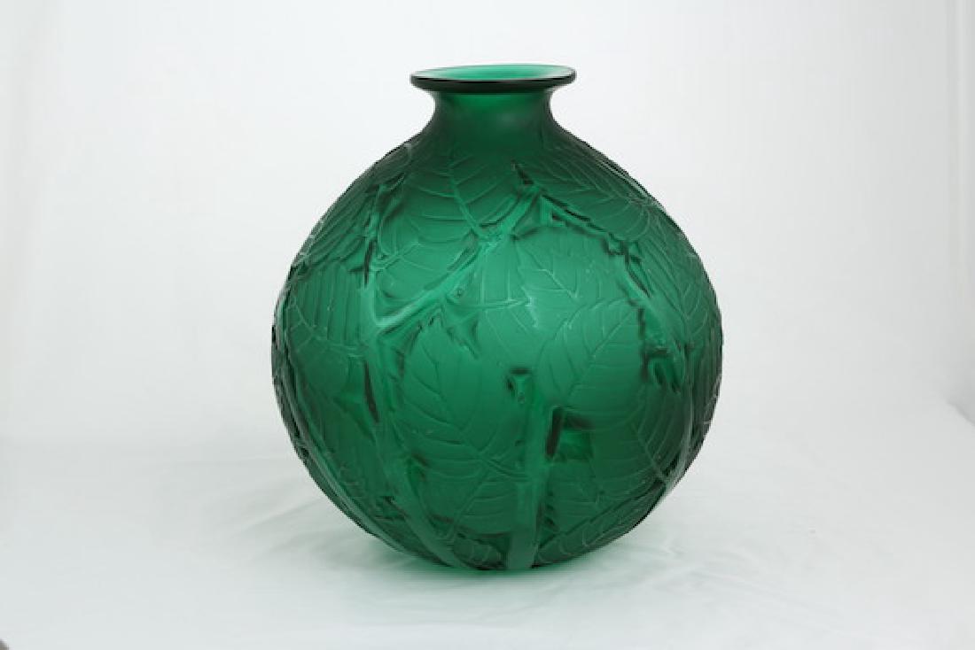 Rene Lalique "Milan" green glass vase. (1 of 4)