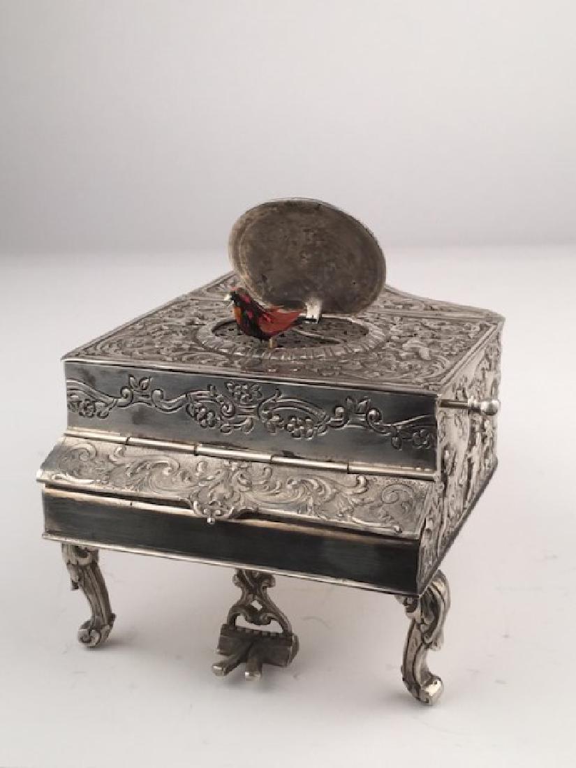 925 Silver mechanical singing bird box as a piano, (1 of 8)