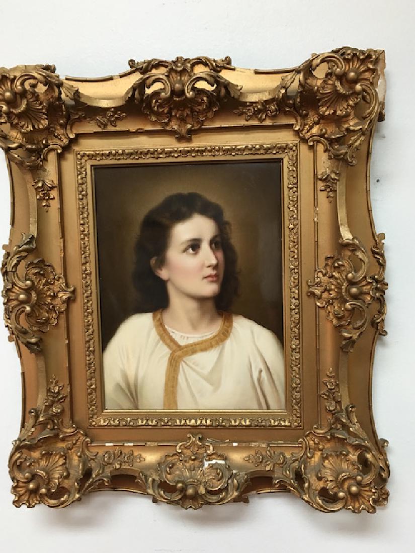 KPM porcelain plaque of young Jesus.: KPM porcelain plaque of young Jesus in an ornate gilt frame.Marked with the KPM mark.The plaque has a few chips concealed by the frame, as well has minor damage to the frame.Plaque measures 9 inches x