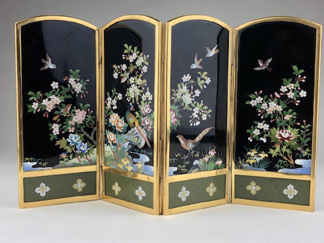 Vintage Japanese damascene folding miniature four panel: Vintage Japanese damascene folding miniature four panel table screen decorated with birds sitting on rocks and flowers on a black ground.Overall size 13 inches x 7 1/4 inches.