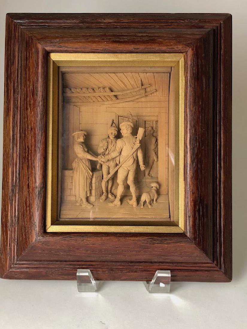 Antique German black forest carving of a hunt scene: Antique German black forest carving of a hunt scene framed in a display case. Done after the painter Franz Defregger, 1835-1921. Wood carving 5 inches x 6 1/2 inches. Overall with frame 10 inches x 11
