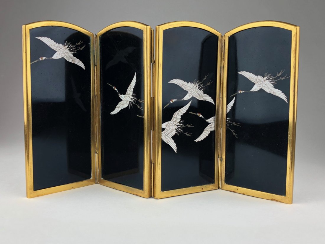 Vintage Japanese cloisonne folding miniature four panel: Vintage Japanese cloisonne folding miniature four panel table screen decorated with birds with the back decoration of flying birds andbamboo stalks.Overall size 11 inches x 6 inches.(Slight cracks to