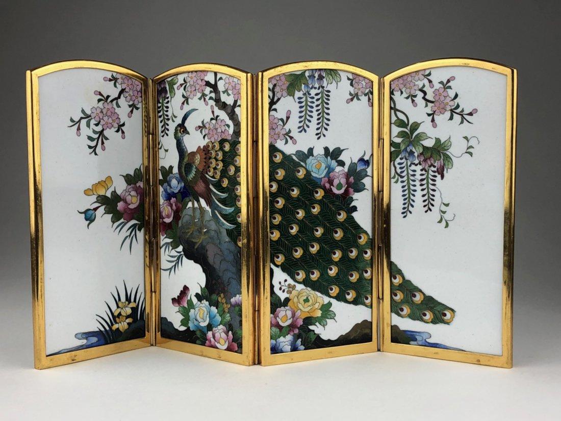 Vintage Japanese cloisonne folding miniature four panel: Vintage Japanese cloisonne folding miniature four panel table screen decorated with birds and flowers with the back decoration of villages with Mount Fuji in the background.Stamped "Made in Japan".Ove