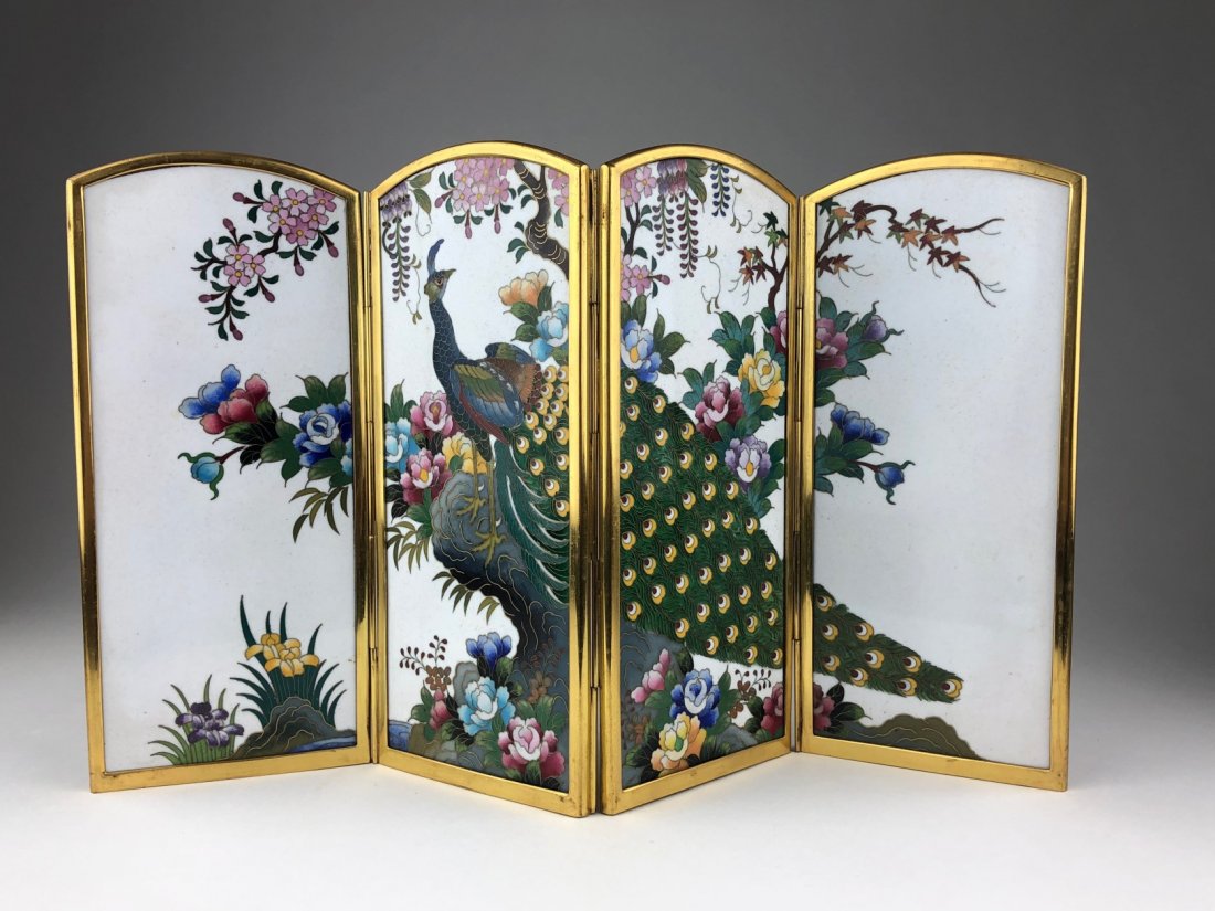 Vintage Japanese cloisonne folding miniature four panel: Vintage Japanese cloisonne folding miniature four panel table screen decorated with birds and flowers with the back decoration of villages with Mount Fuji in the background.Stamped "Made in Japan".Ove
