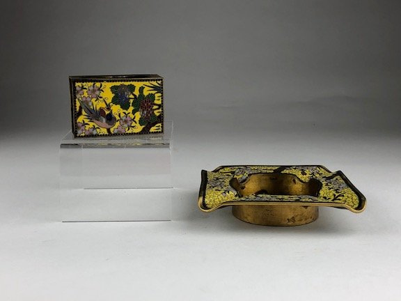 Meiji period Japanese cloisonne ash tray and match box.: Meiji period Japanese cloisonne ash tray and match box. Ash tray measures 4 inches x 4 inches x 1 inch high.