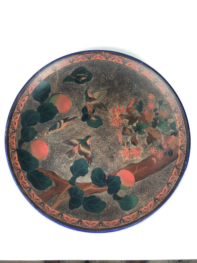 Large antique 19 th century Japanese Totai "Tree Bark": Large antique 19 th century Japanese Totai "Tree Bark" cloisonne over porcelain platter, Diameter 18 inches. Height 2 3/4 inches.