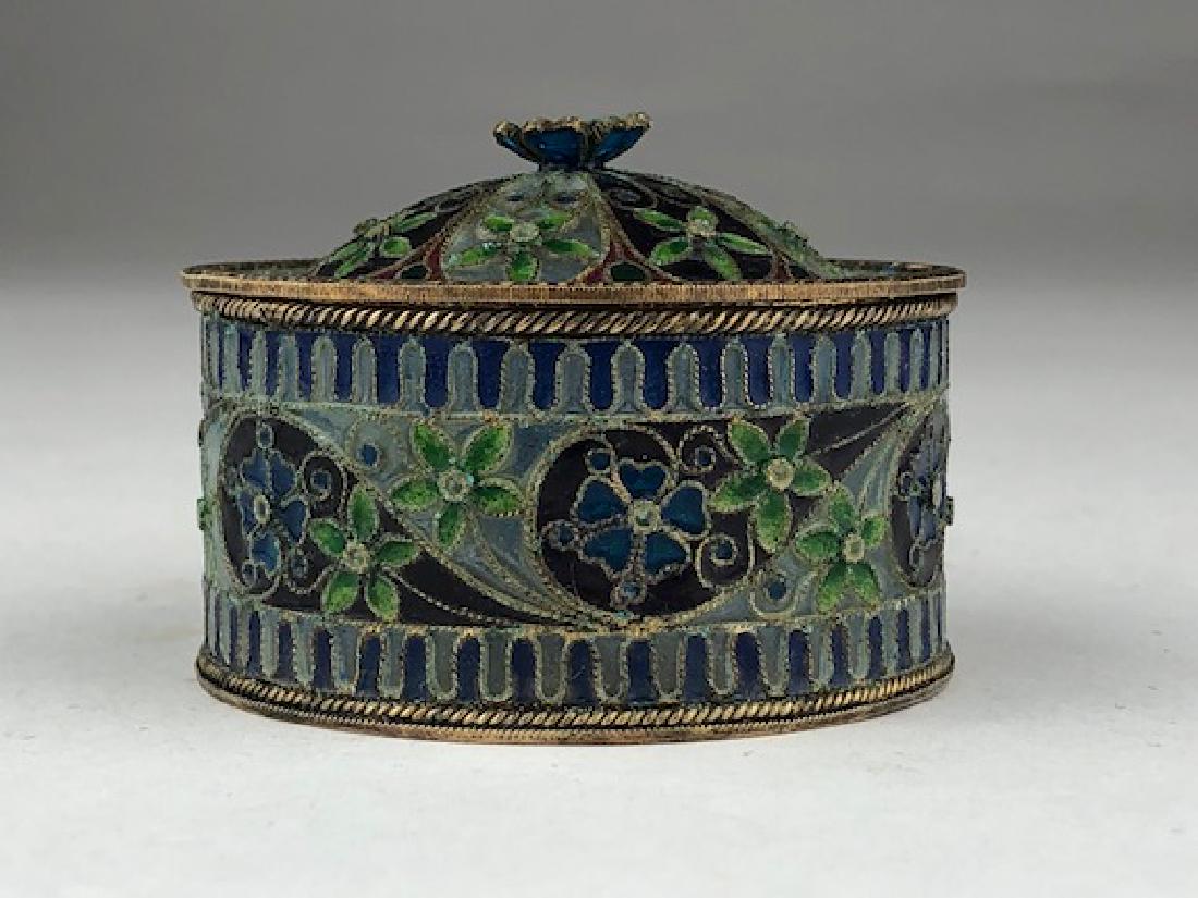 19 th century Plique-d-Jour and 925 silver round box.: 19 th century Plique-d-Jour and 925 silver round box with a gold wash. Stamped 925 on bottom. Diameter 2 1/4 inches. Height 1 5/8 inches.