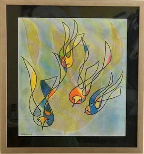 Estuardo Maldonado, (Ecuador, born 1930)..: Estuardo Maldonado, (Ecuador, born 1930).Abstract water color of three sih swimming.Viewing area measures 16 inches x 17 inches.Overall with frame 21 1/2 inches x 21 inches.(Two water spots, see