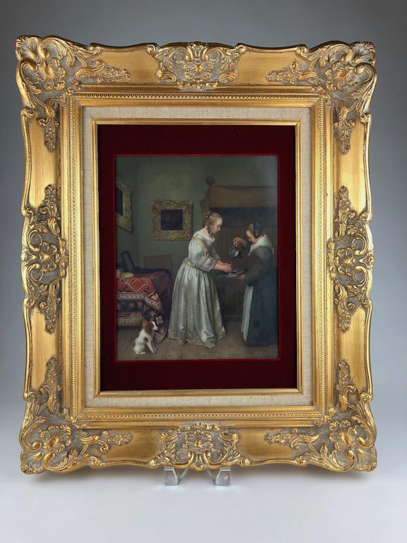 Circa 1800 KPM German painted plaque.: Circa 1800 KPM German painted plaque.A fine painting of young girl child and mother with flowers after a painting by Pieter De Hoogh, 1629-1684, NetherlandsAll properly marked with impressed marks on