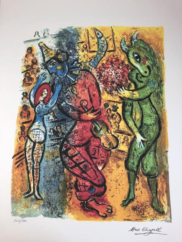 Marc Chagall offset lithograph signed Marc Chagall in: Marc Chagall offset lithograph signed Marc Chagall in the plate and numbered in pencil. Viewing area 17 1/2inches x 21 1/2 inches. Overall paper measures 22 1/2 inches x 29 1/4 inches.