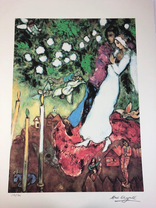 Marc Chagall offset lithograph signed Marc Chagall in: Marc Chagall offset lithograph signed Marc Chagall in the plate and numbered in pencil. Viewing area 17 1/2inches x 21 1/2 inches. Overall paper measures 22 1/2 inches x 29 1/4 inches.