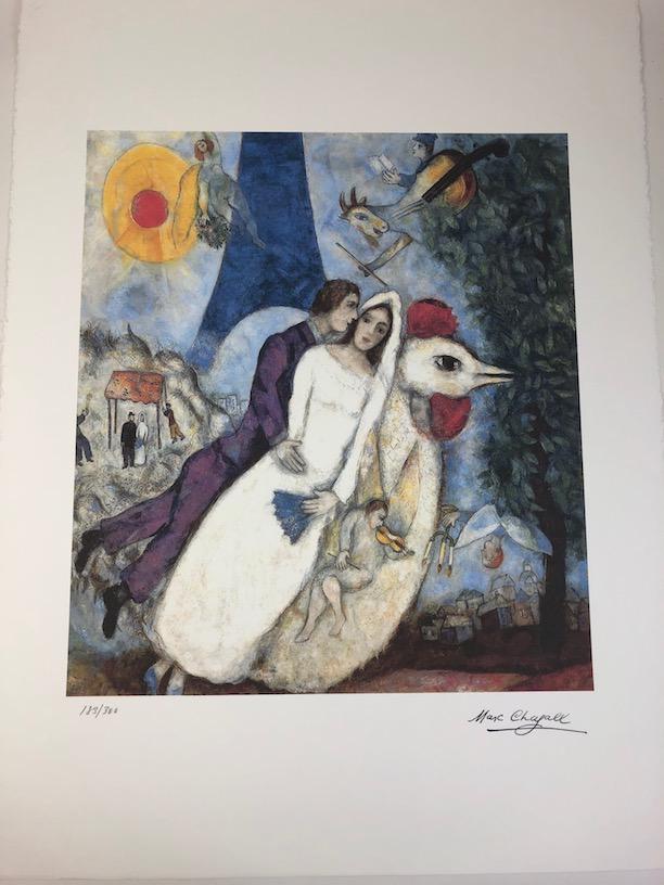 Marc Chagall offset lithograph signed Marc Chagall in: Marc Chagall offset lithograph signed Marc Chagall in the plate and numbered in pencil. Viewing area 17 1/2inches x 21 1/2 inches. Overall paper measures 22 1/2 inches x 29 1/4 inches.