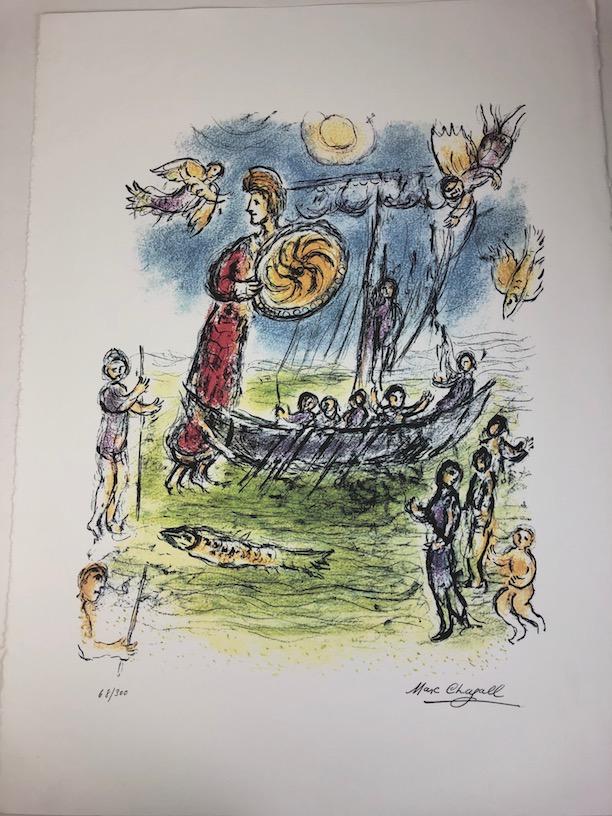 Marc Chagall offset lithograph signed Marc Chagall in: Marc Chagall offset lithograph signed Marc Chagall in the plate and numbered in pencil. Viewing area 17 1/2inches x 21 1/2 inches. Overall paper measures 22 1/2 inches x 29 1/4 inches.
