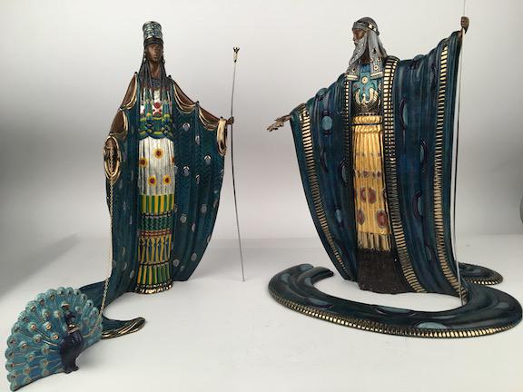 Erte bronze figures. "Hera and Zeus".: Erte bronze figures. (Romain De Tirtoff, Russian/French, 1892-1990), limited edition gilded and cold painted two piece bronze sculpture titled "Zeus & Hera". Numbered 337/500 and date stamped "1989" o