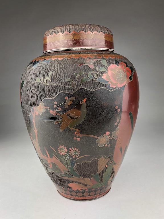 Antique 19 th century Japanese Totai "Tree Bark": Antique 19 th century Japanese Totai "Tree Bark" cloisonne over porcelain jar with cover.Height 8 5/8 inches.
