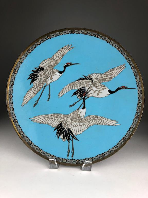 Japanese cloisonne plate decorated with three cranes on (1 of 6)