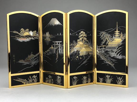 Vintage Japanese damascene folding miniature four panel: Vintage Japanese damascene folding miniature four panel table screen decorated with 24 kt inlaid gold and silver decoration of villages with Mount Fuji in the background with the back decorated with f