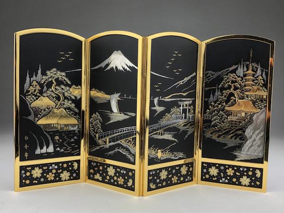 Vintage Japanese damascene folding miniature four panel: Vintage Japanese damascene folding miniature four panel table screen decorated with 24 kt inlaid gold and silver decoration of villages with Mount Fuji in the background with the back decorated with f