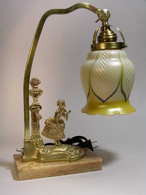 FIGURAL BRONZE LAMP WITH QUEZAL SHADE.