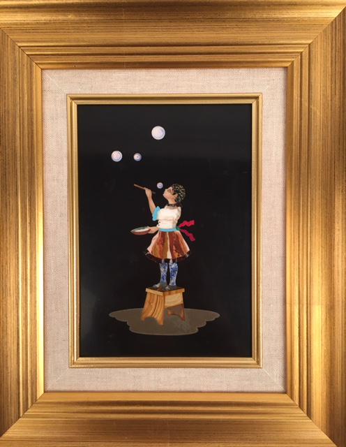 Pietra dura of a man blowing bubbles.: Pietra dura of a man blowing bubbles. Plaque measures 5 1/2 inches x 8 inches. Framed measures 11 inches x 13 1/2 inches.