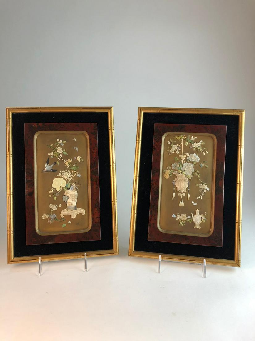 Two Japanese Meiji period wood panels with inlaid stone: Two Japanese Meiji period wood panels with inlaid stone stone and mother of pearl. Overall size 9 1/2 inches x 13 inches.