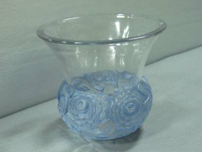 R. LALIQUE " RENONCULES " VASE. IN CLEAR/BLUE P
