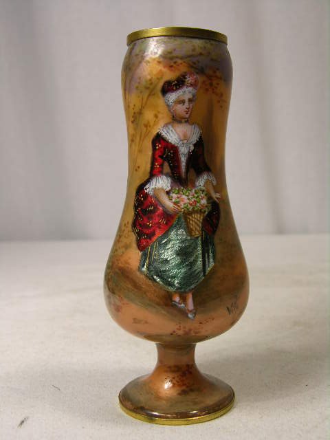 FRENCH MINATURE ENAMELLED VASE OF AN ELEGANT WOMA