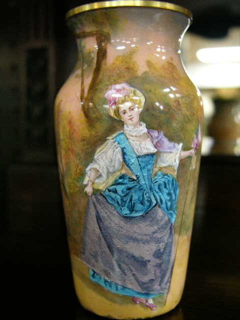 FRENCH HAND PAINTED ENAMEL VASE. A WOMEN WALKING - 2