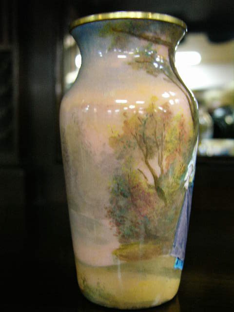 FRENCH HAND PAINTED ENAMEL VASE. A WOMEN WALKING - 3