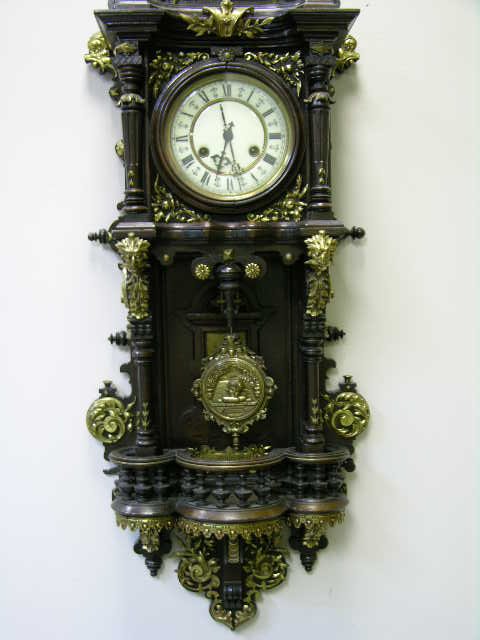 ANTIQUE WALL CLOCK WITH PENDULUM. OVERALL LENGTH - 3