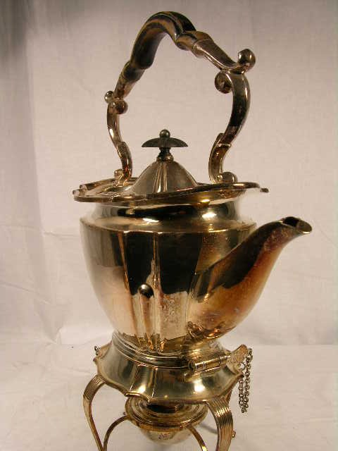STERLING SILVER HOT TEA POT WITH BURNER. HINGED