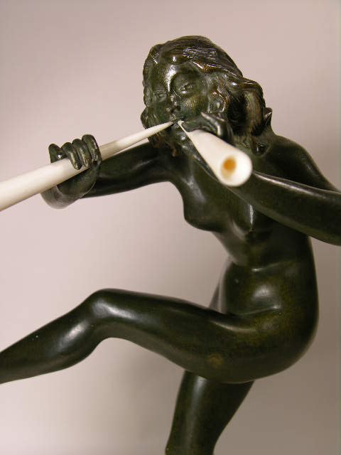 BRONZE FIGURE OF NUDE PLAYING TWO FLUTES. - 2