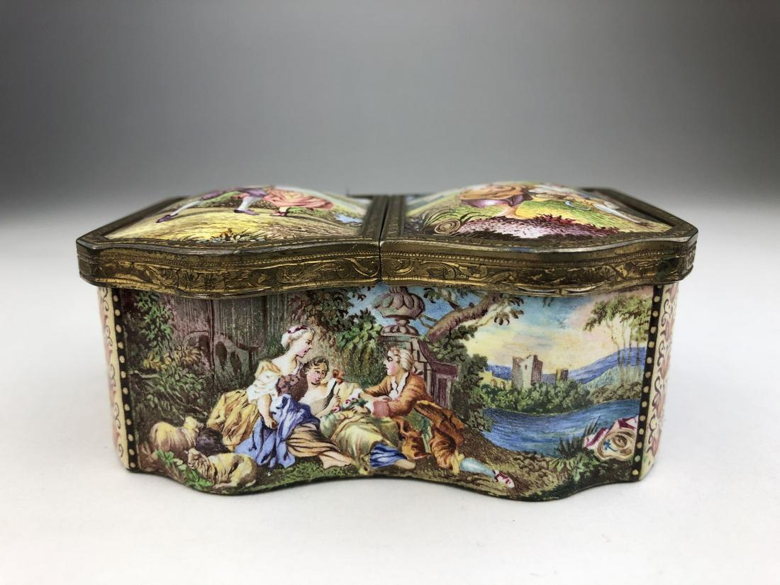 Antique Viennese enameled gold gilt two divided box.: Antique Viennese enameled gold gilt two divided box. Decorated with romantic scenes all around. Length 3 3/4 inches. Depth 2 5/8 inches. Height 1 7/8 inches.