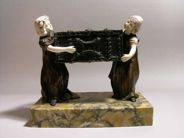 BRONZE AND IVORY FIGURINE OF TREASURE CHEST.